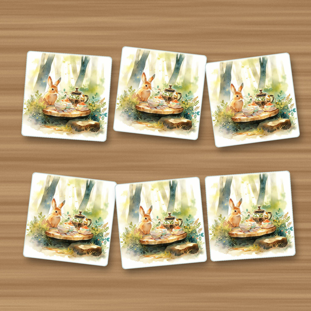 Rabbit Woodland Tea Party square glass coasters, set of 6, on an oak coffee table