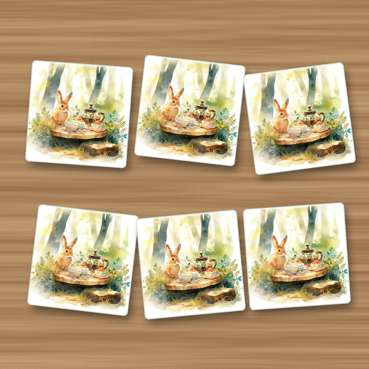 Rabbit Woodland Tea Party square glass coasters, set of 6, on an oak coffee table