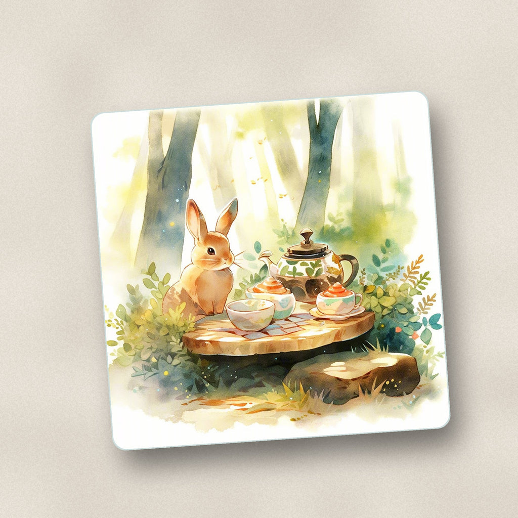 Close-up of one rabbit woodland tea party square glass coaster, flat UV print