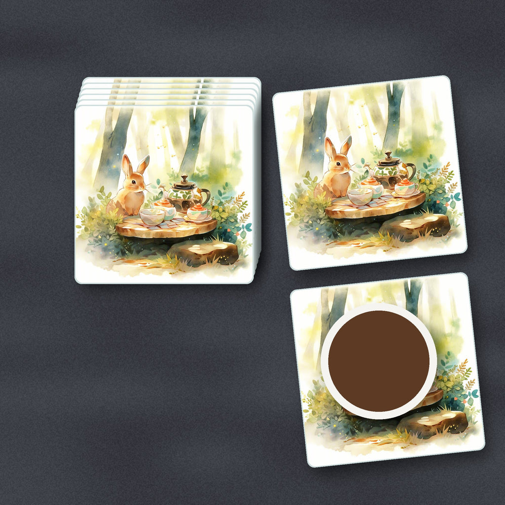 Rabbit Woodland Tea Party square glass coasters stacked on a slate kitchen worktop