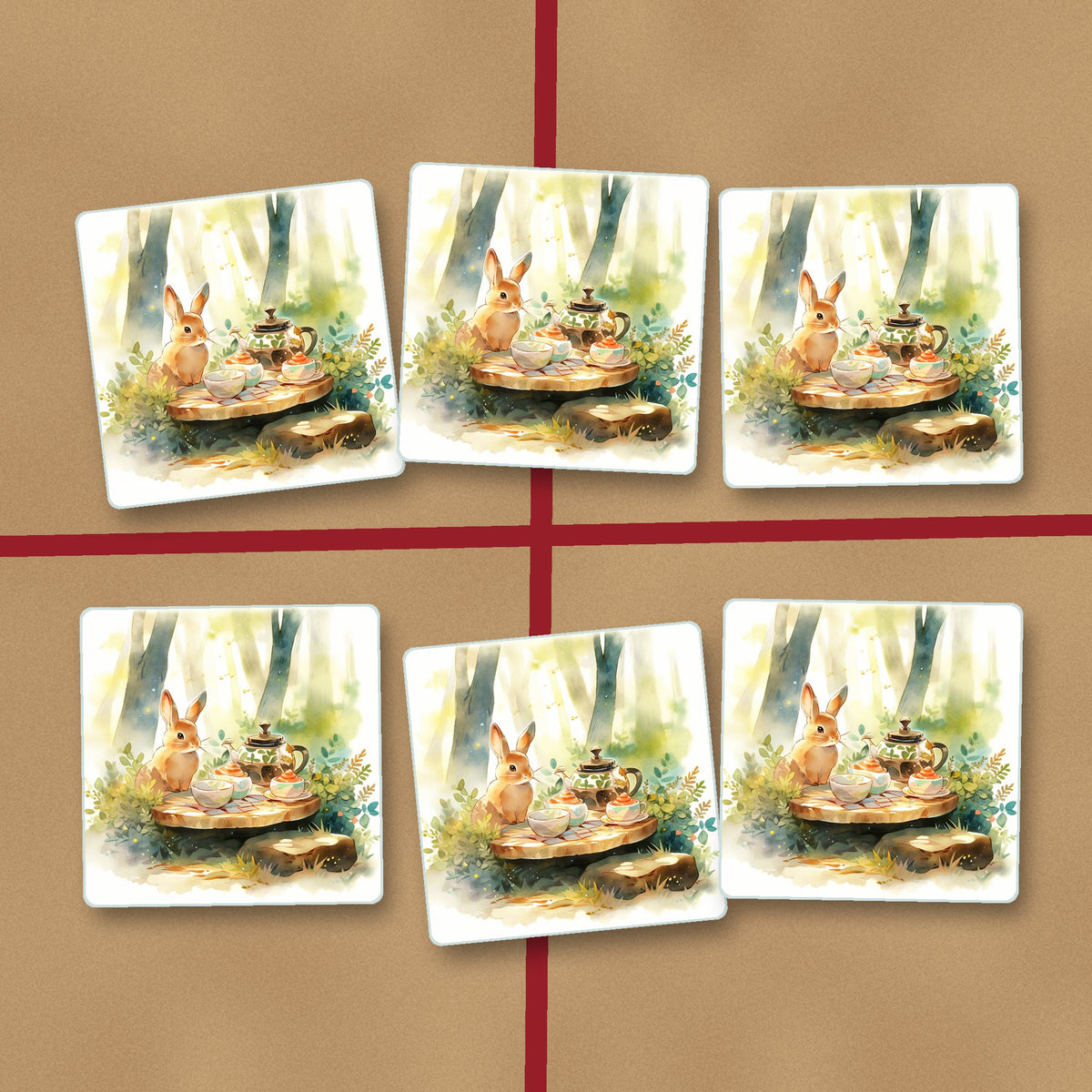 Rabbit Woodland Tea Party square glass coasters on kraft gift wrap