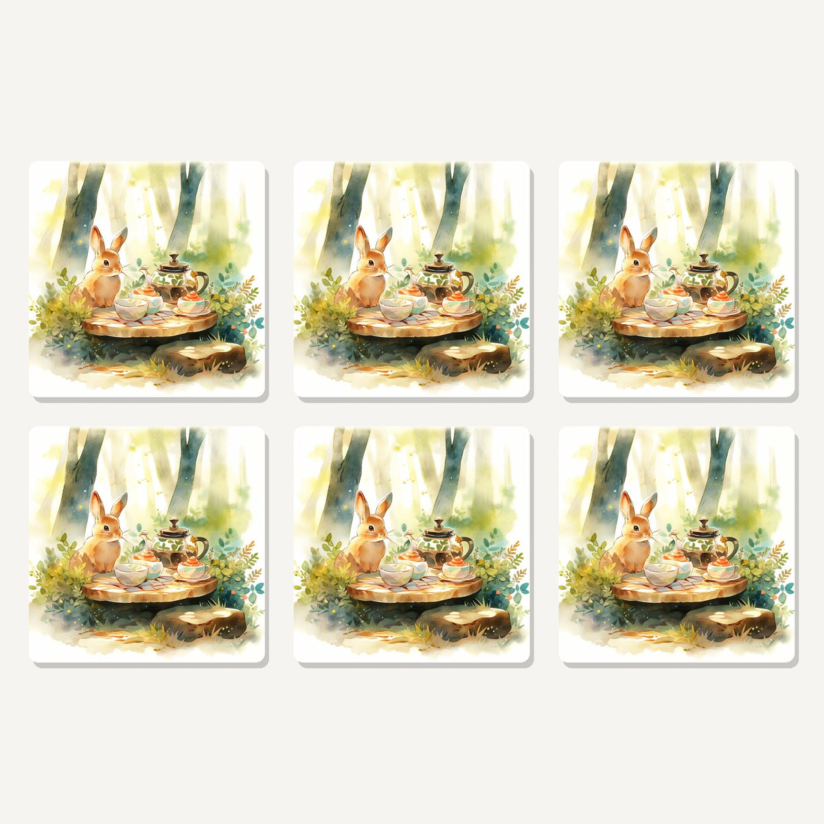 Flat lay of the rabbit woodland tea party artwork on six square coasters