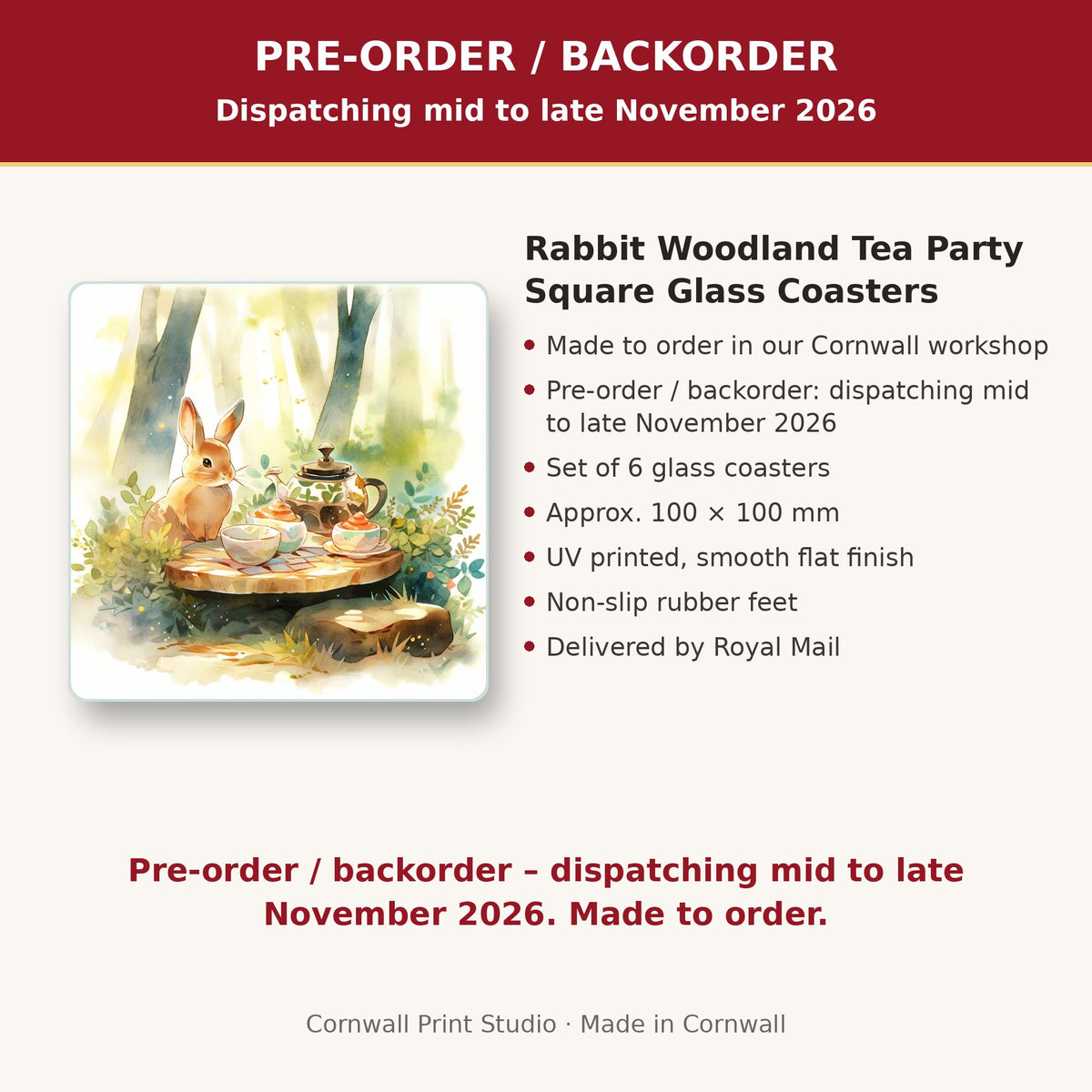 Info card: Rabbit Woodland Tea Party Square Glass Coasters – Set of 6, made to order, dispatching mid to late November 2026, delivered by Royal Mail