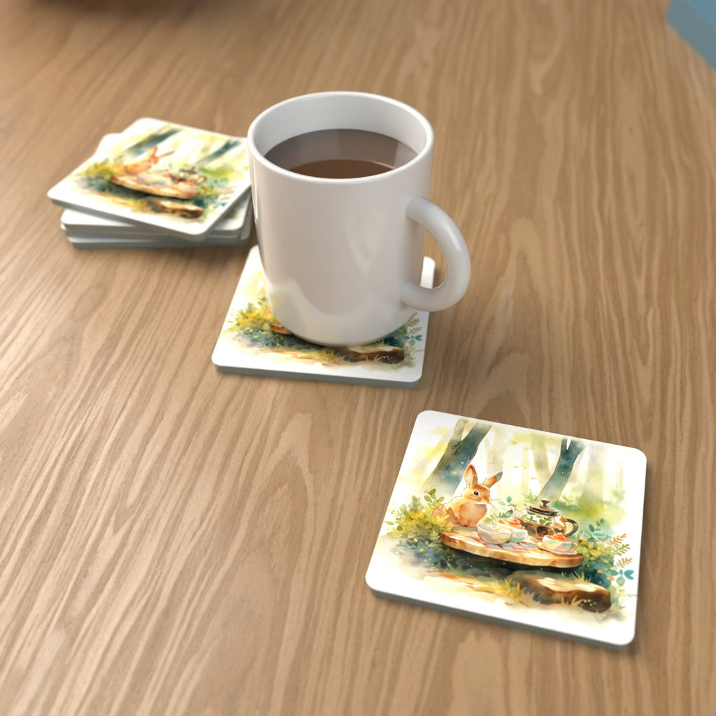 Rabbit Woodland Tea Party Square Glass Coasters – Set of 6 – lifestyle mockup with a mug of coffee