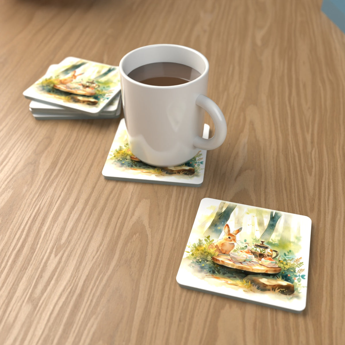 Rabbit Woodland Tea Party Square Glass Coasters – Set of 6 – lifestyle mockup with a mug of coffee