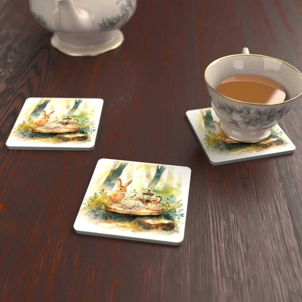 Rabbit Woodland Tea Party Square Glass Coasters – Set of 6 – lifestyle mockup with a teacup