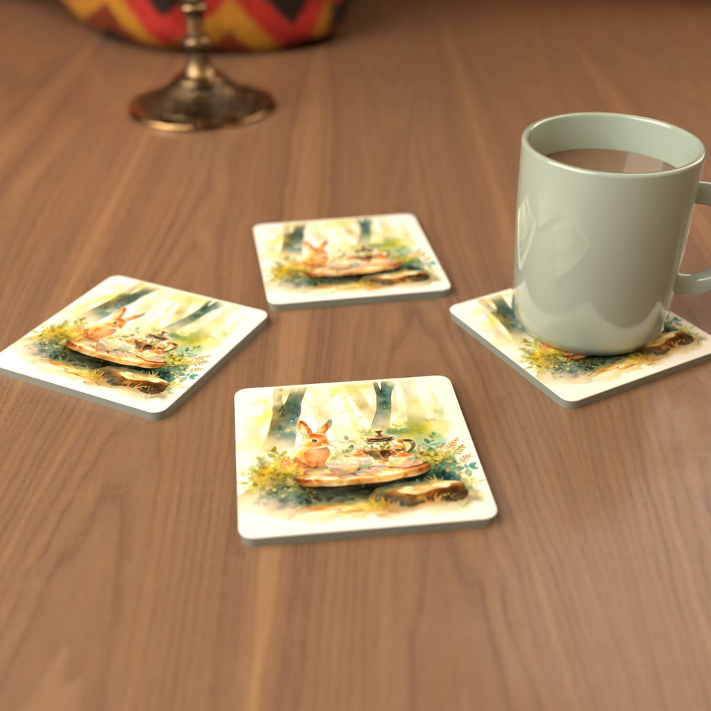Rabbit Woodland Tea Party Square Glass Coasters – Set of 6 – cosy lifestyle mockup