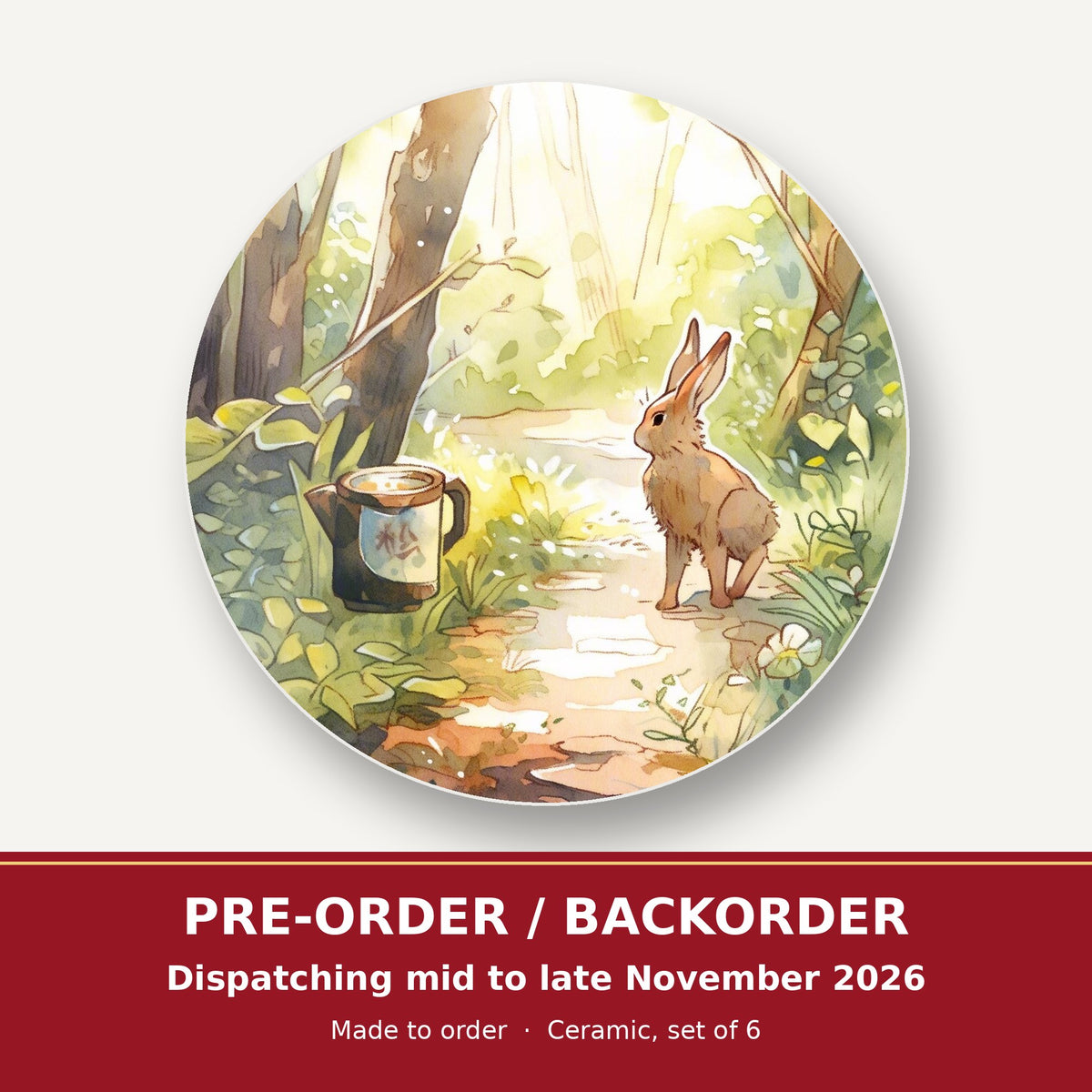 Hare on a Sunny Woodland Path round ceramic coaster set of 6 – pre-order / backorder, dispatching mid to late November 2026