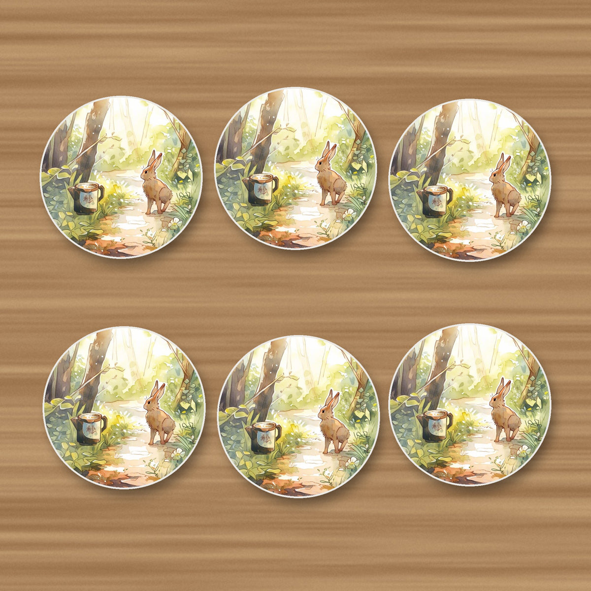 Hare on a Sunny Woodland Path round ceramic coasters, set of 6, on an oak coffee table