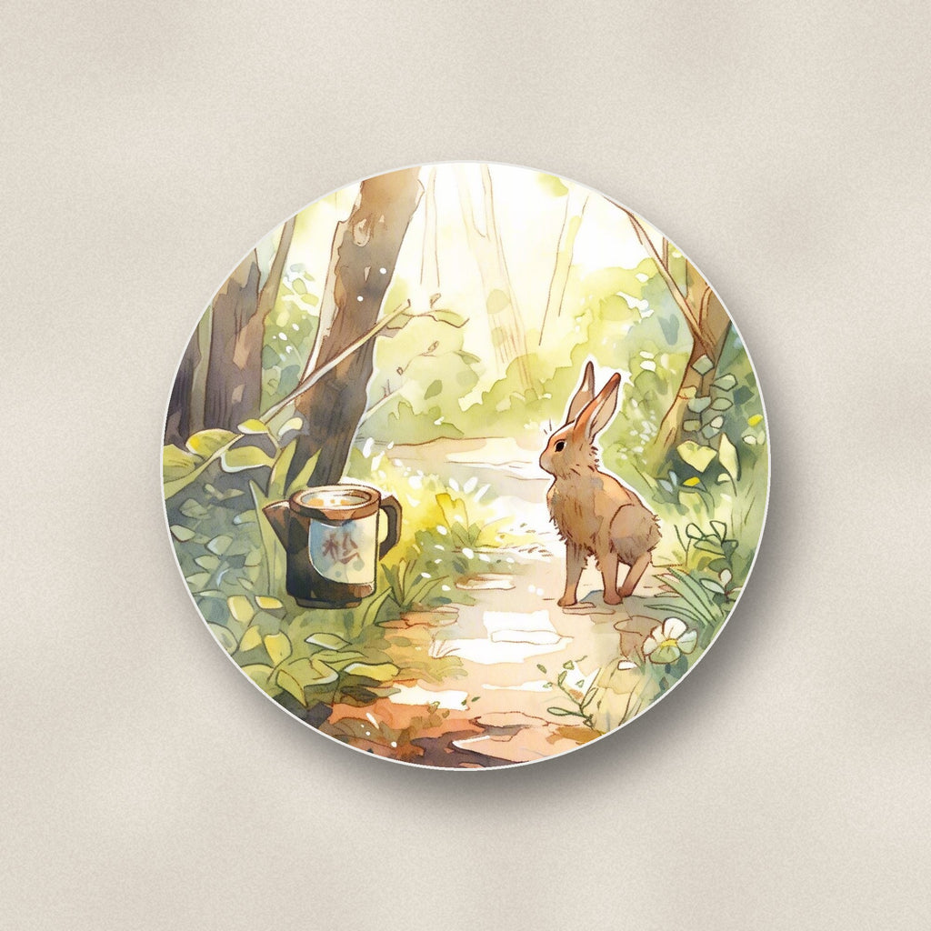 Close-up of one hare on a sunny woodland path round ceramic coaster, flat UV print