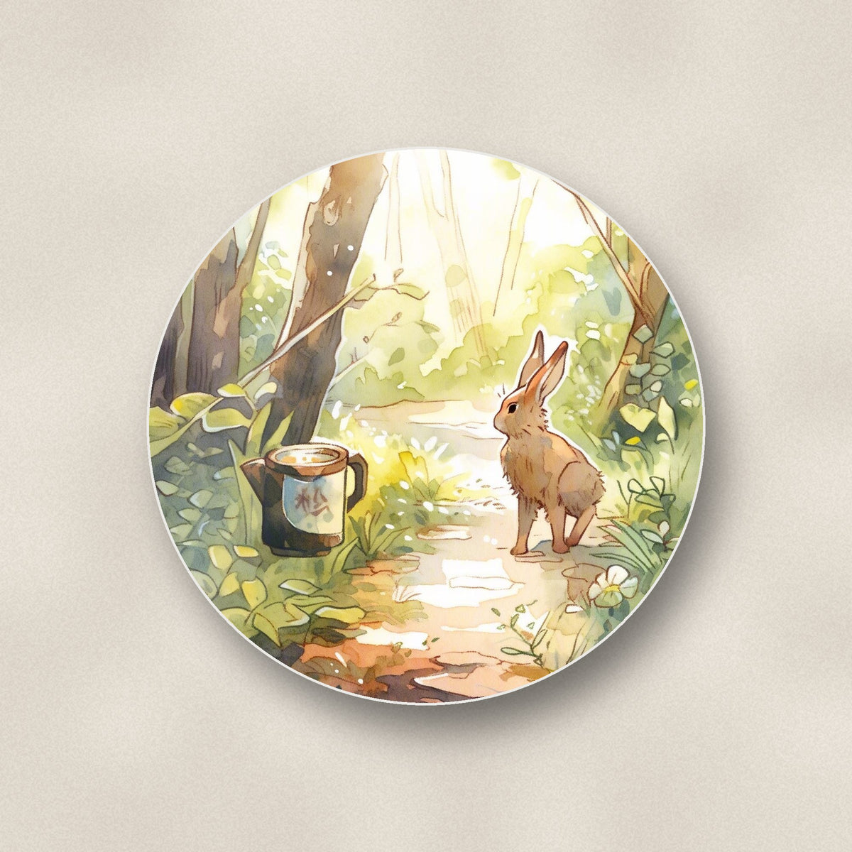 Close-up of one hare on a sunny woodland path round ceramic coaster, flat UV print