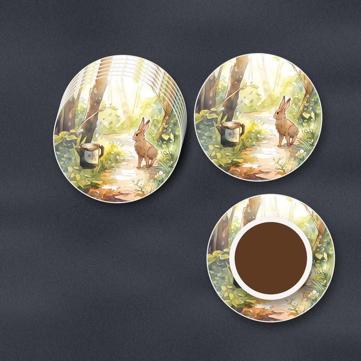 Hare on a Sunny Woodland Path round ceramic coasters stacked on a slate kitchen worktop