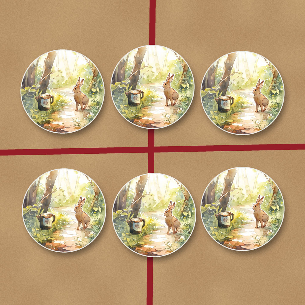 Hare on a Sunny Woodland Path round ceramic coasters on kraft gift wrap