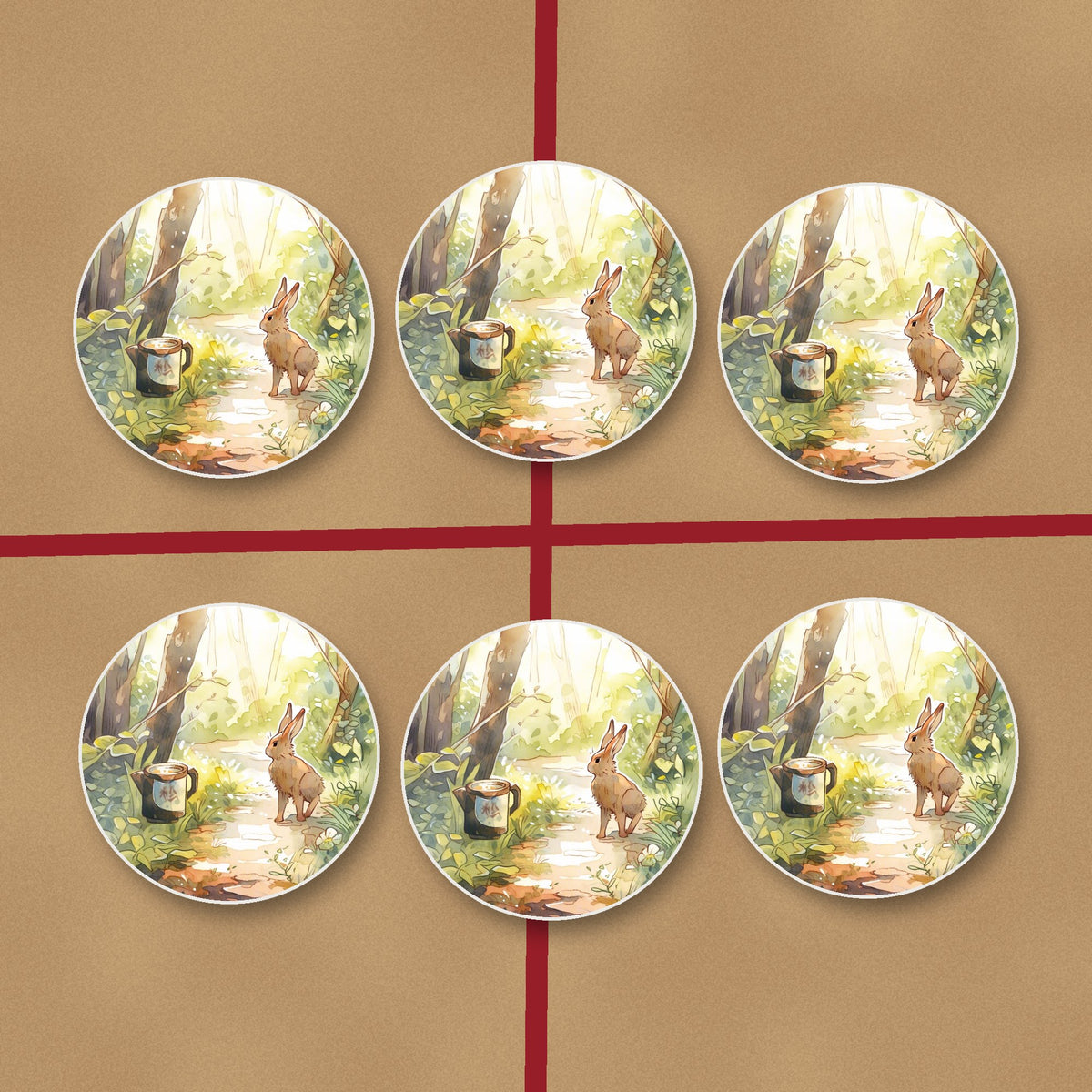 Hare on a Sunny Woodland Path round ceramic coasters on kraft gift wrap