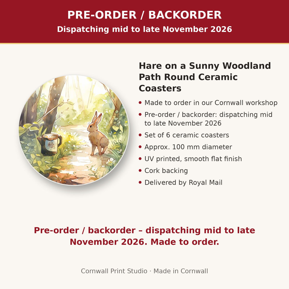 Info card: Hare on a Sunny Woodland Path Round Ceramic Coasters – Set of 6, made to order, dispatching mid to late November 2026, delivered by Royal Mail