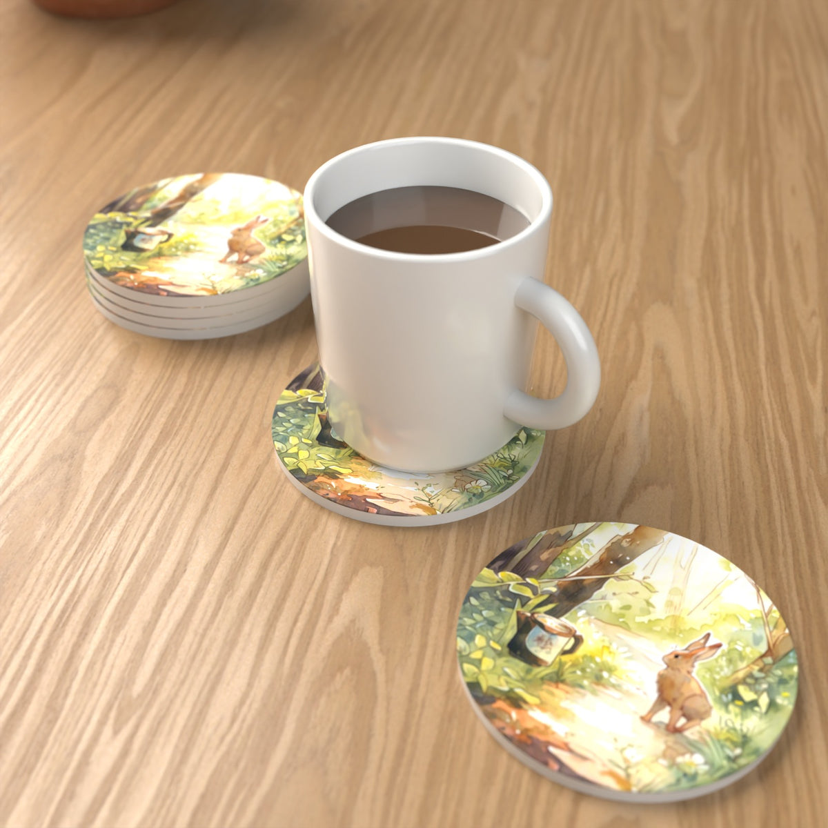 Hare on a Sunny Woodland Path Round Ceramic Coasters – Set of 6 – lifestyle mockup with a mug of coffee