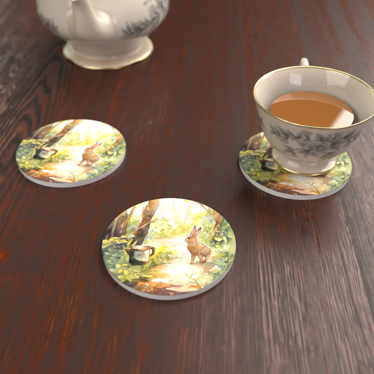 Hare on a Sunny Woodland Path Round Ceramic Coasters – Set of 6 – lifestyle mockup with a teacup