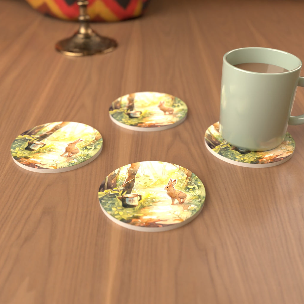 Hare on a Sunny Woodland Path Round Ceramic Coasters – Set of 6 – cosy lifestyle mockup