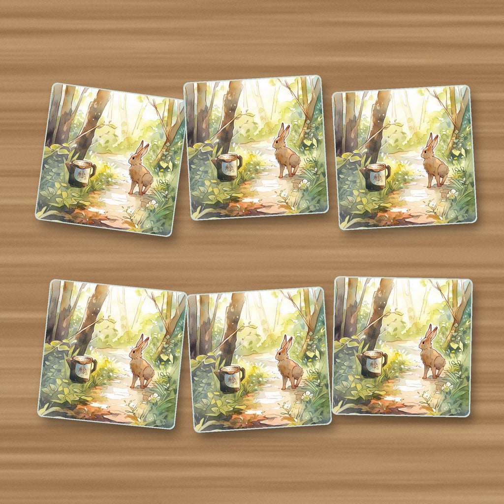 Hare on a Sunny Woodland Path square glass coasters, set of 6, on an oak coffee table