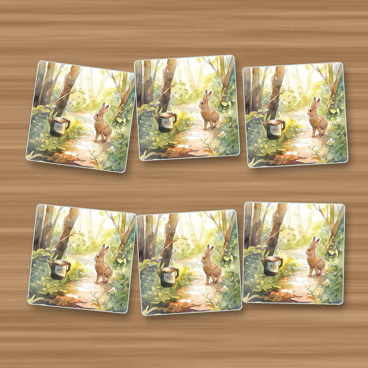 Hare on a Sunny Woodland Path square glass coasters, set of 6, on an oak coffee table