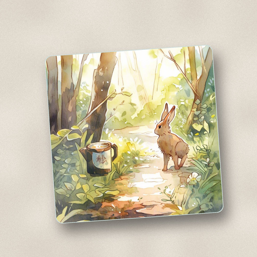 Close-up of one hare on a sunny woodland path square glass coaster, flat UV print