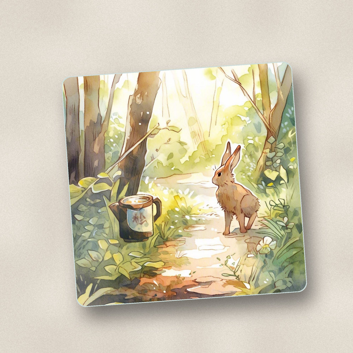 Close-up of one hare on a sunny woodland path square glass coaster, flat UV print