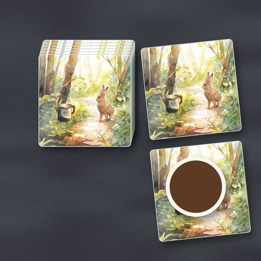 Hare on a Sunny Woodland Path square glass coasters stacked on a slate kitchen worktop