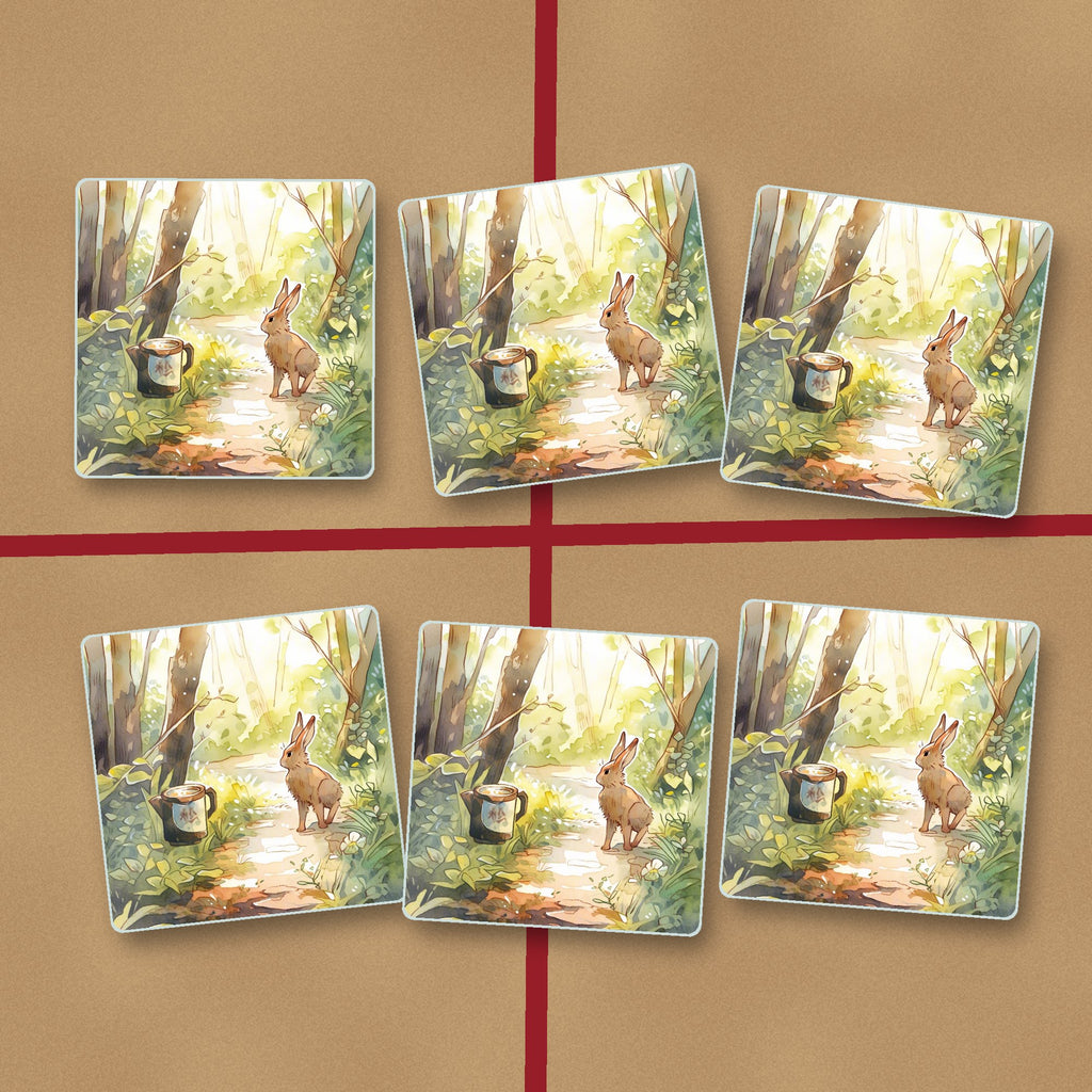 Hare on a Sunny Woodland Path square glass coasters on kraft gift wrap