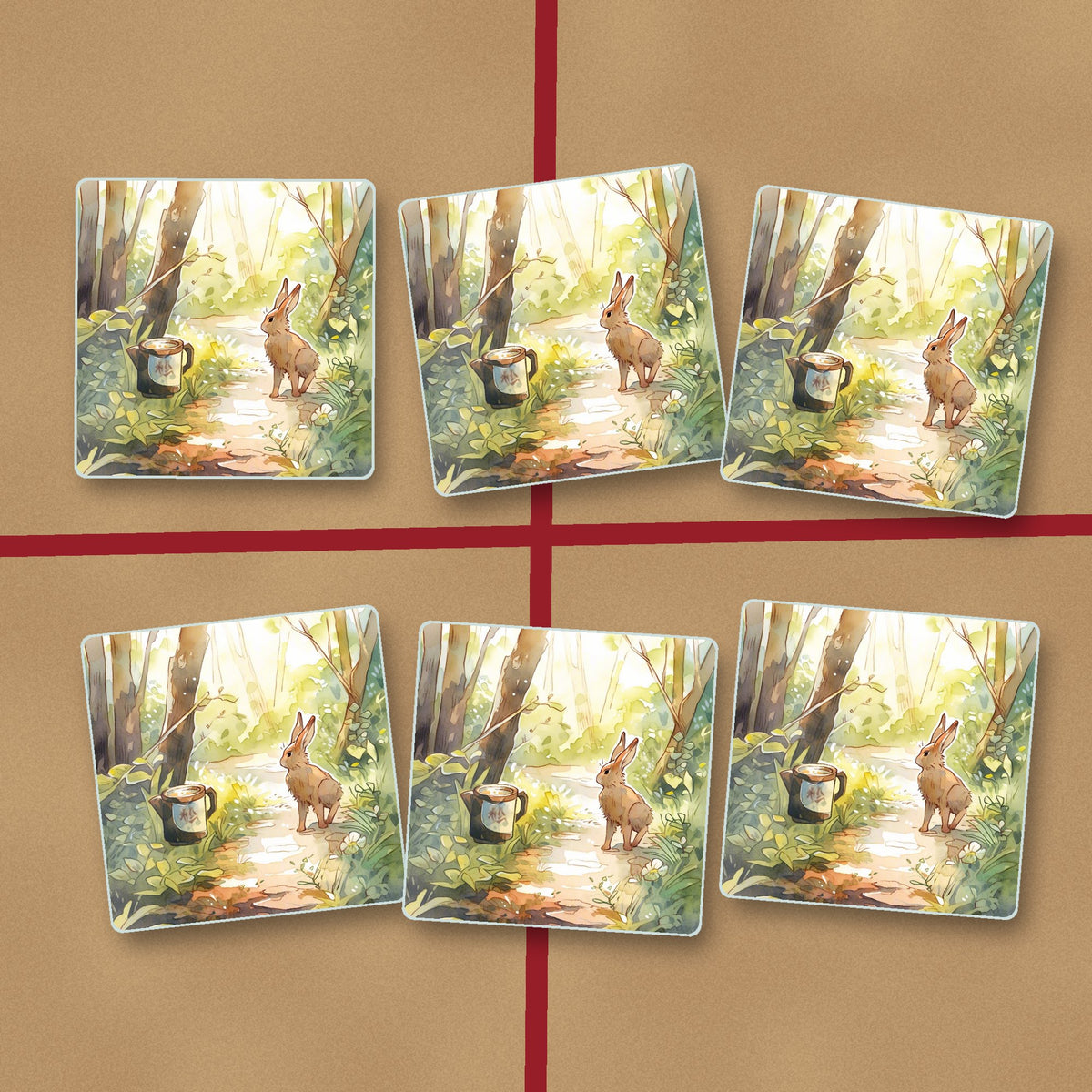 Hare on a Sunny Woodland Path square glass coasters on kraft gift wrap
