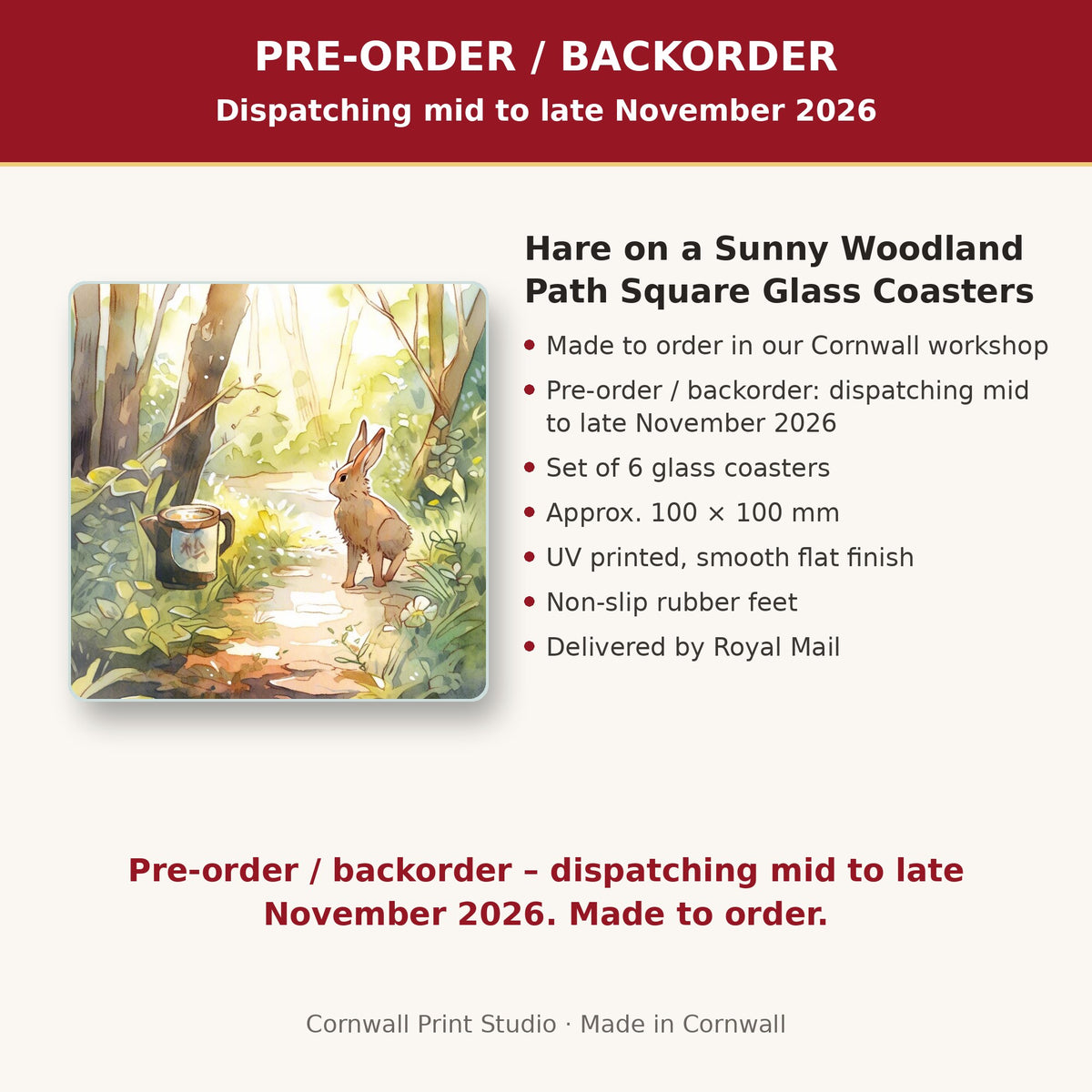 Info card: Hare on a Sunny Woodland Path Square Glass Coasters – Set of 6, made to order, dispatching mid to late November 2026, delivered by Royal Mail