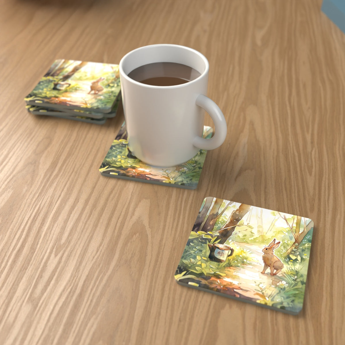 Hare on a Sunny Woodland Path Square Glass Coasters – Set of 6 – lifestyle mockup with a mug of coffee