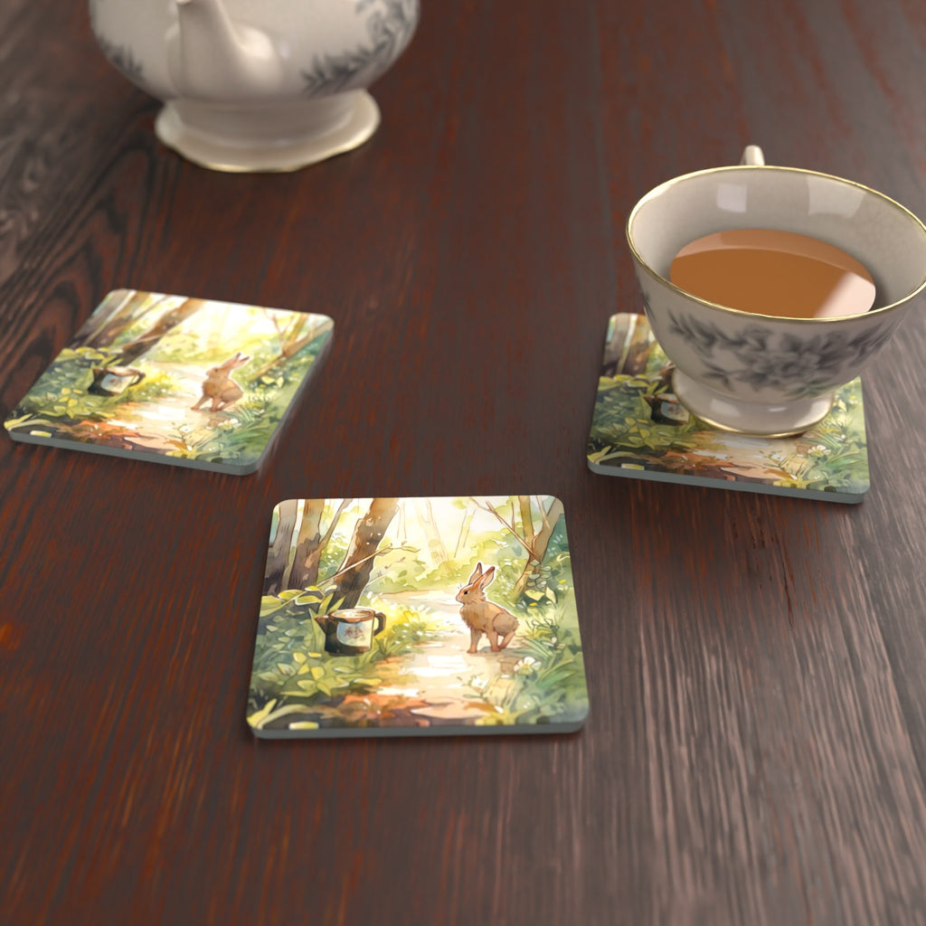 Hare on a Sunny Woodland Path Square Glass Coasters – Set of 6 – lifestyle mockup with a teacup