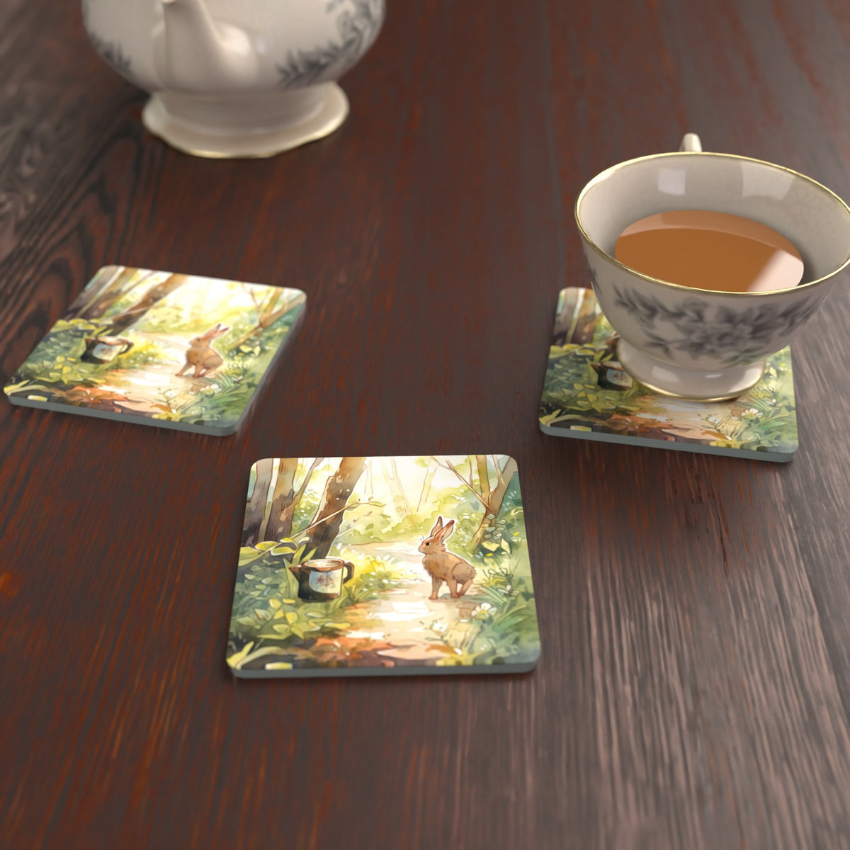 Hare on a Sunny Woodland Path Square Glass Coasters – Set of 6 – lifestyle mockup with a teacup