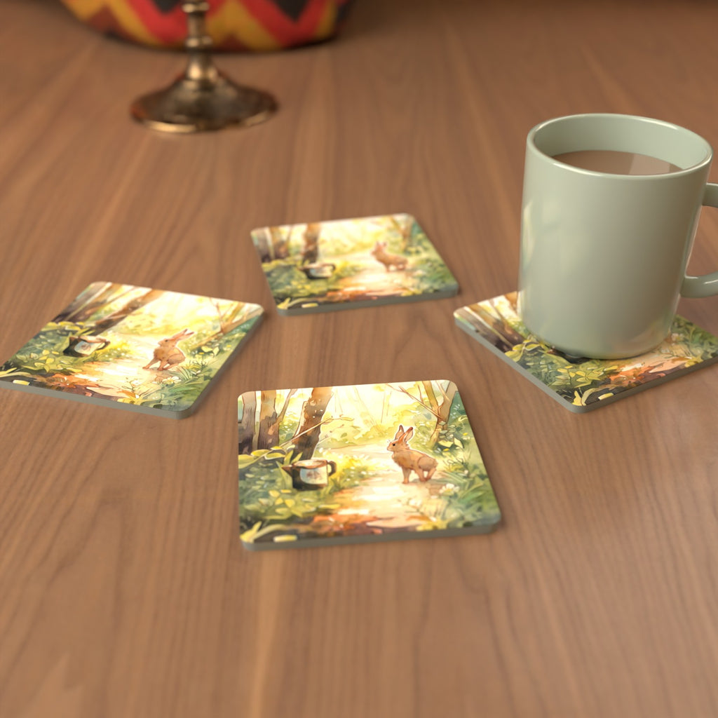 Hare on a Sunny Woodland Path Square Glass Coasters – Set of 6 – cosy lifestyle mockup