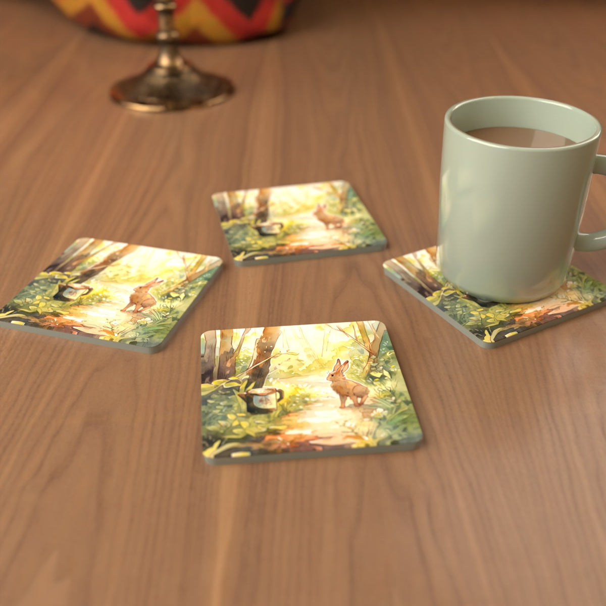 Hare on a Sunny Woodland Path Square Glass Coasters – Set of 6 – cosy lifestyle mockup