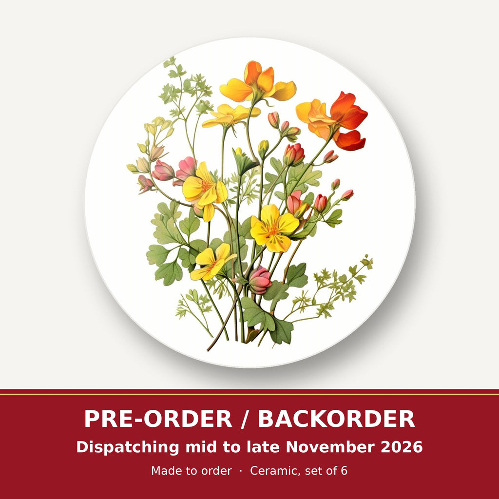 Watercolour Yellow Wildflowers round ceramic coaster set of 6 – pre-order / backorder, dispatching mid to late November 2026