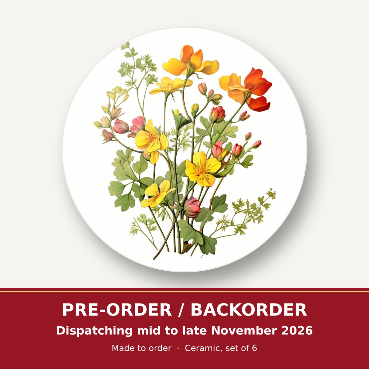 Watercolour Yellow Wildflowers round ceramic coaster set of 6 – pre-order / backorder, dispatching mid to late November 2026