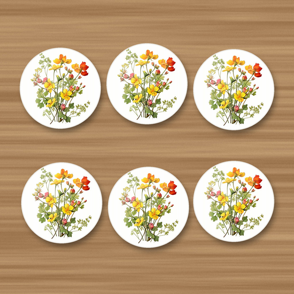 Watercolour Yellow Wildflowers round ceramic coasters, set of 6, on an oak coffee table