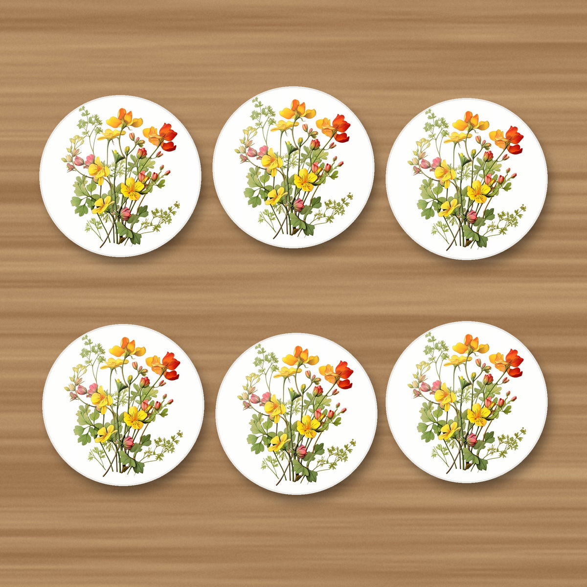 Watercolour Yellow Wildflowers round ceramic coasters, set of 6, on an oak coffee table