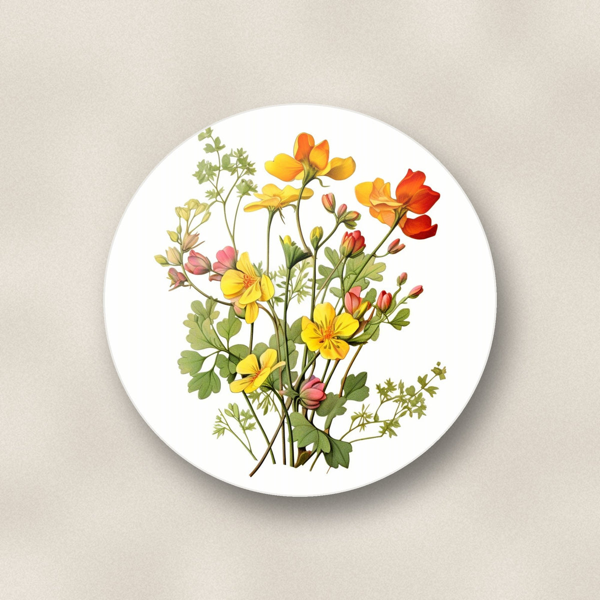 Close-up of one watercolour yellow wildflowers round ceramic coaster, flat UV print