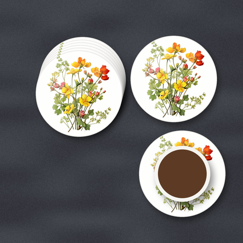 Watercolour Yellow Wildflowers round ceramic coasters stacked on a slate kitchen worktop