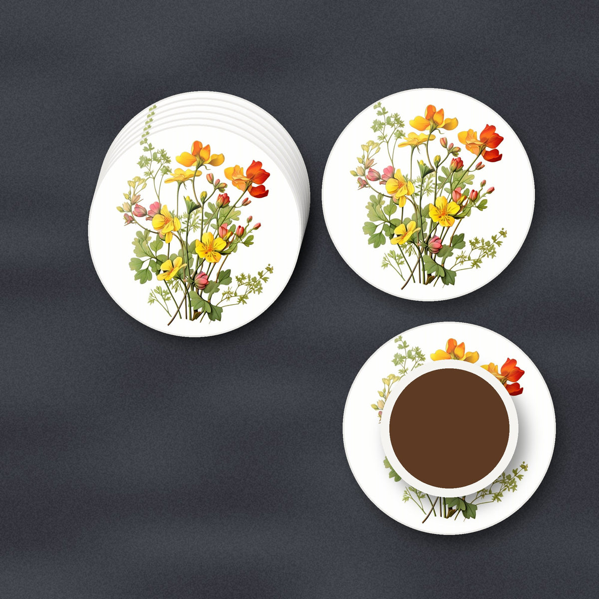 Watercolour Yellow Wildflowers round ceramic coasters stacked on a slate kitchen worktop