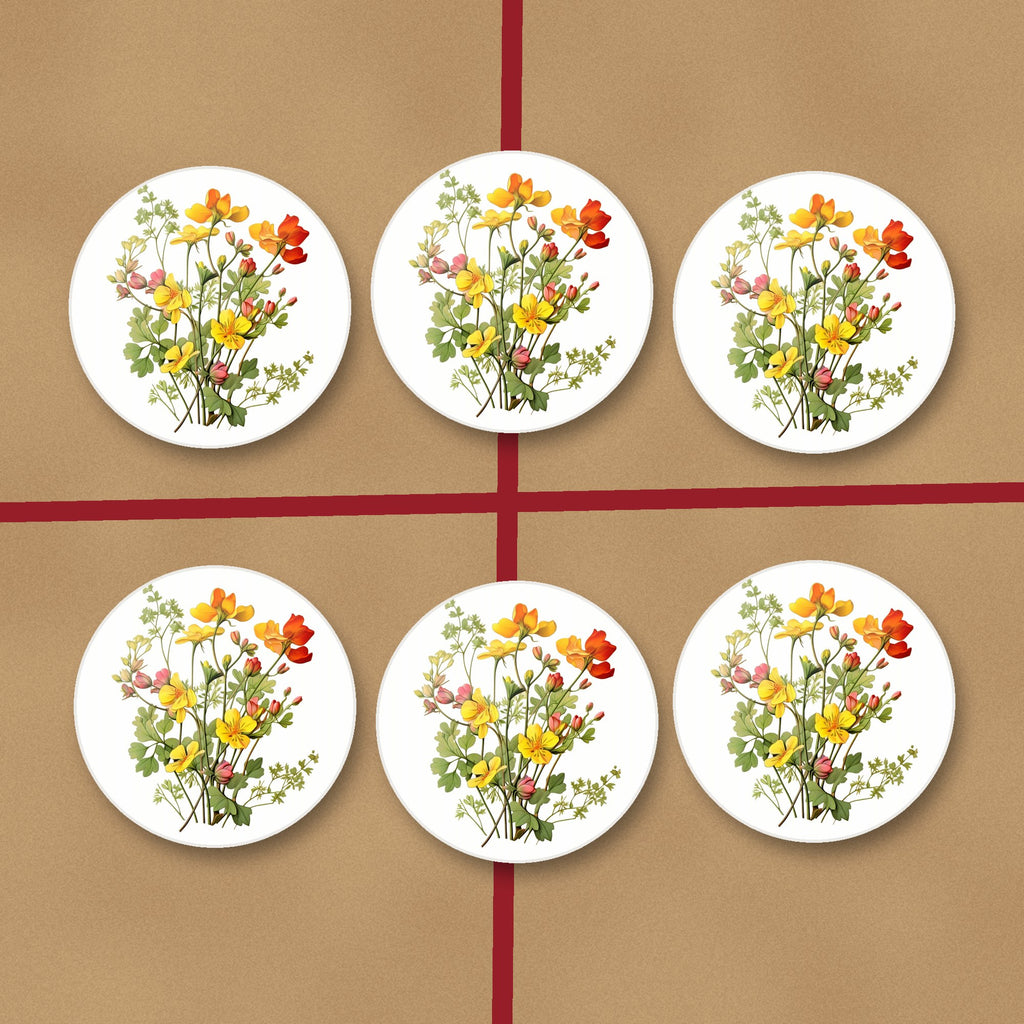 Watercolour Yellow Wildflowers round ceramic coasters on kraft gift wrap