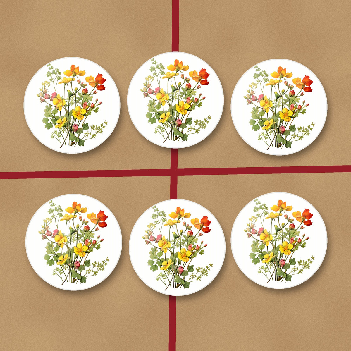 Watercolour Yellow Wildflowers round ceramic coasters on kraft gift wrap
