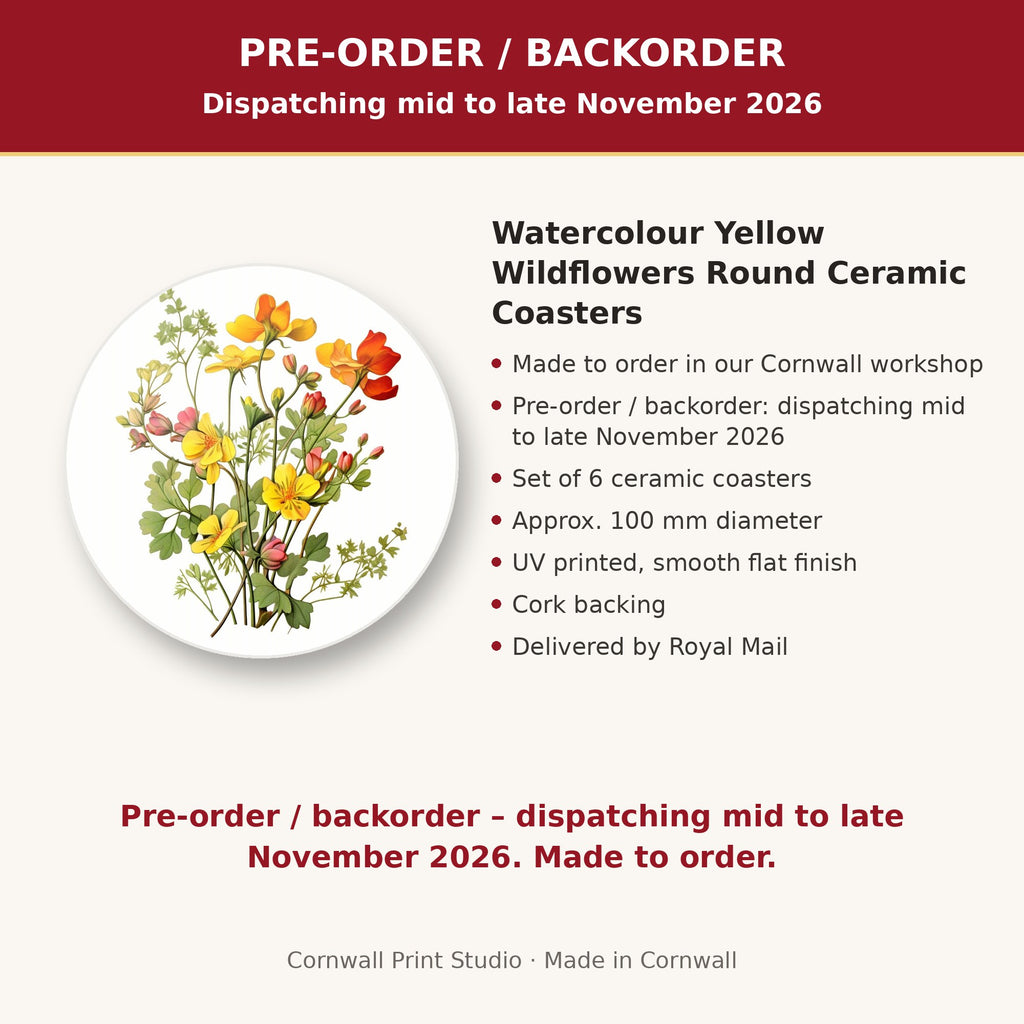 Info card: Watercolour Yellow Wildflowers Round Ceramic Coasters – Set of 6, made to order, dispatching mid to late November 2026, delivered by Royal Mail