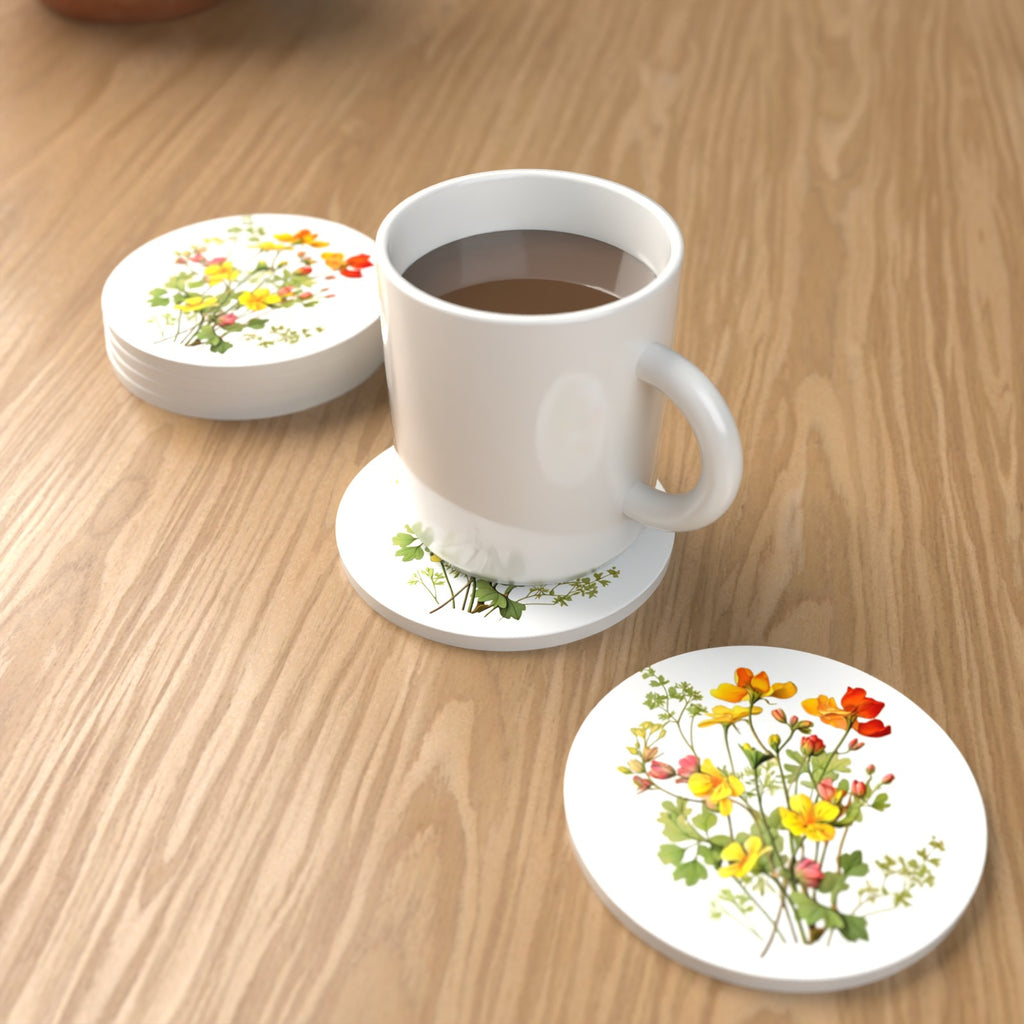 Watercolour Yellow Wildflowers Round Ceramic Coasters – Set of 6 – lifestyle mockup with a mug of coffee