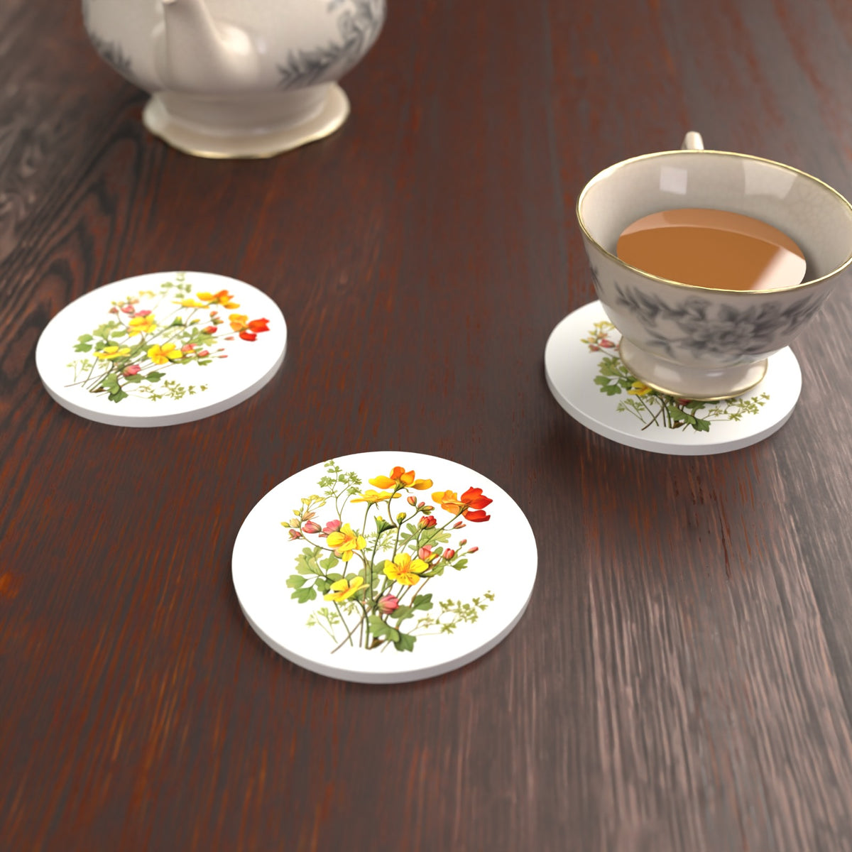 Watercolour Yellow Wildflowers Round Ceramic Coasters – Set of 6 – lifestyle mockup with a teacup