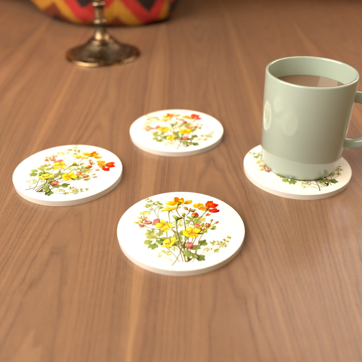 Watercolour Yellow Wildflowers Round Ceramic Coasters – Set of 6 – cosy lifestyle mockup