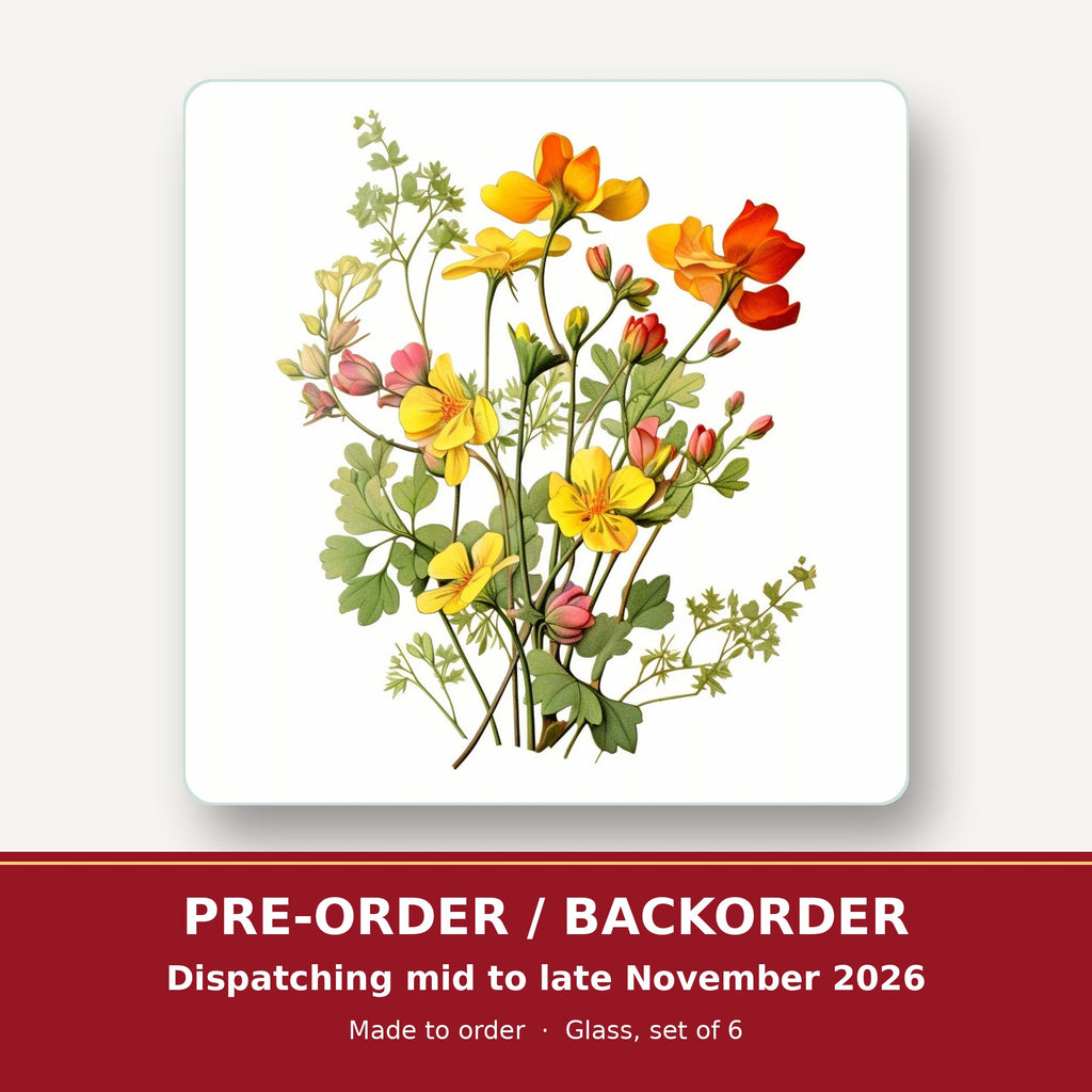 Watercolour Yellow Wildflowers square glass coaster set of 6 – pre-order / backorder, dispatching mid to late November 2026