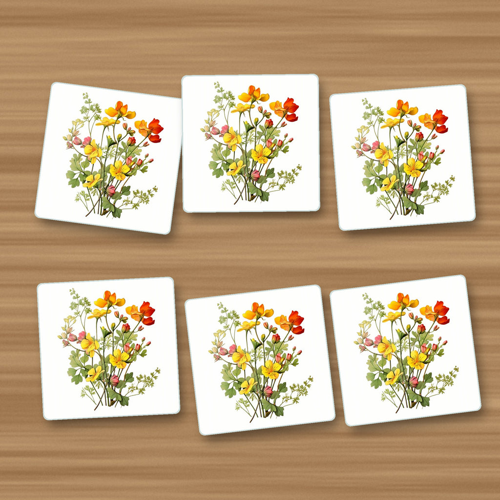 Watercolour Yellow Wildflowers square glass coasters, set of 6, on an oak coffee table
